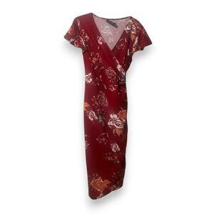 Oten Women's Red Floral Wrap Midi Dress Short Flutter Sleeve Tie Waist
